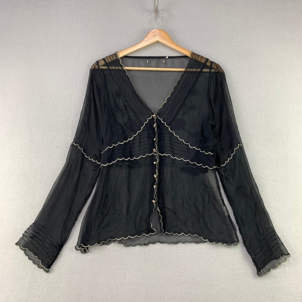 VTG Y2K Sheer Embroidered Blouse Women M Black Fairycore Scalloped V-Neck Top